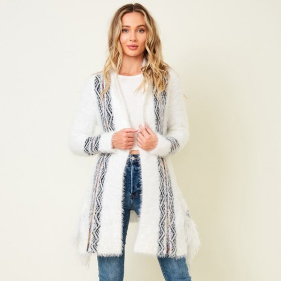 NEW ON BLUE AZTEC SOUTHWESTERN sweater drape cardigan fringe white soft Sm-3XL - Picture 4 of 9